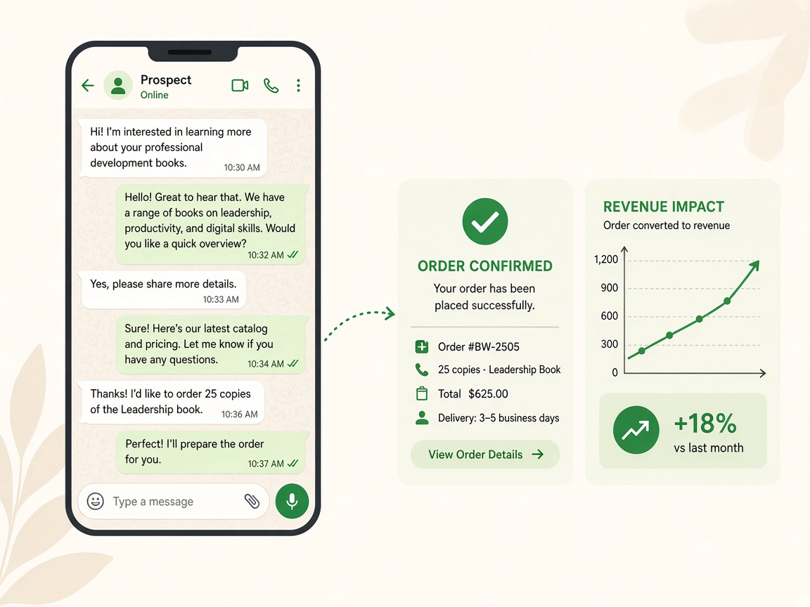 Diagram of a WhatsApp sales conversation converting into confirmed revenue